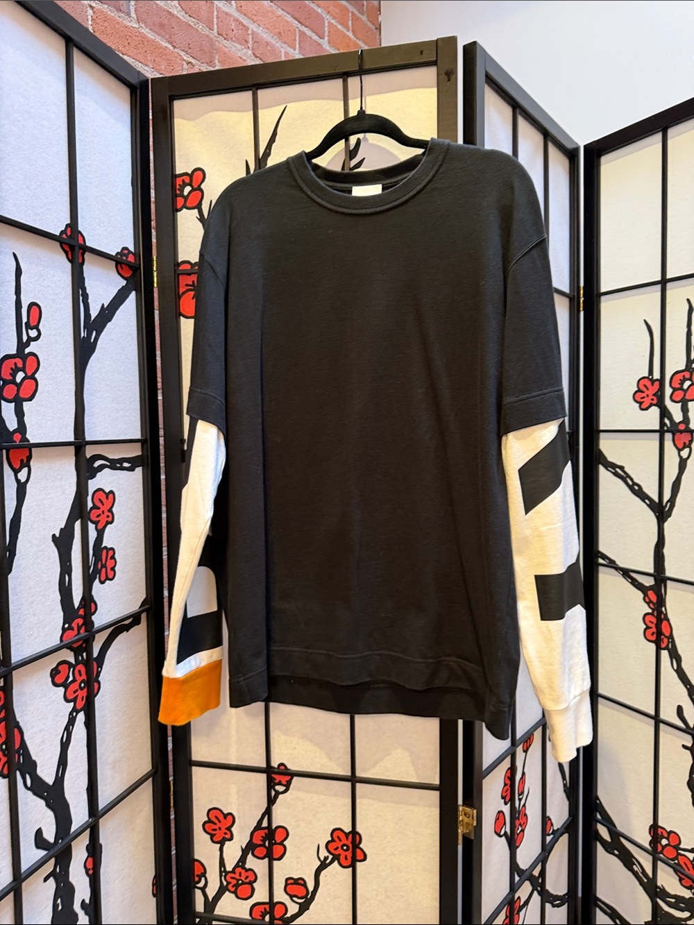 Burberry Black Long Sleeve Tee with White and Orange Sleeve Accents